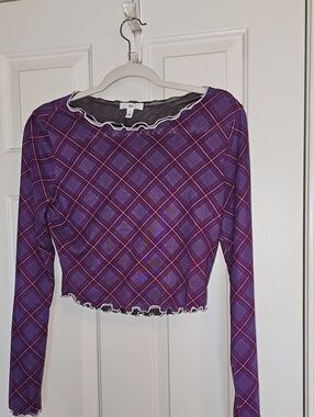 bp for Nordstrom  Purple Plaid Ruffle-Edge Long Sleeve Crop Top